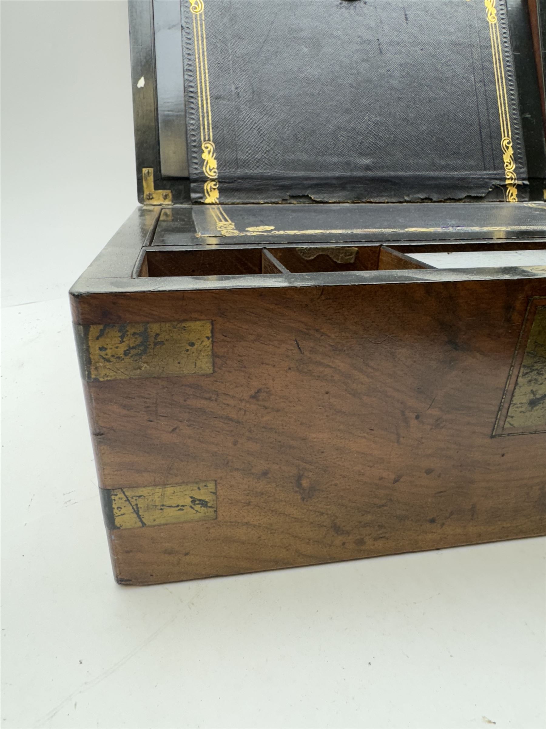 19th century walnut brass bound writing slope, opening to reveal with leather bound interior, H17cm, W35cm