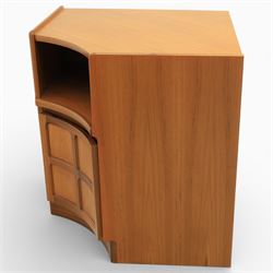Nathan - concave corner cabinet, each of quarter round form with square top to fit against a wall, with open display compartment above a signature square panelled cupboard door, raised on a recessed plinth base