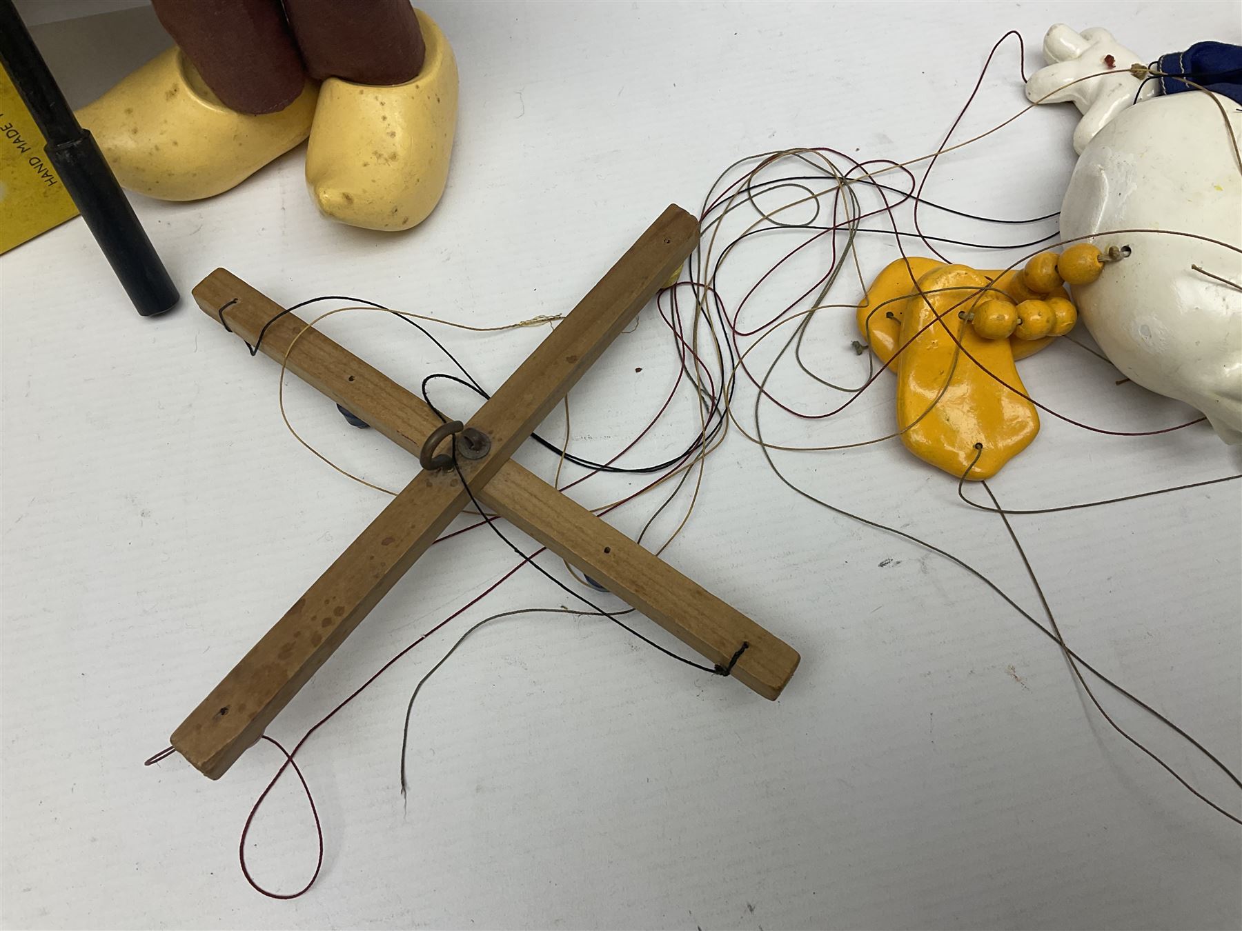 Two Pelham Puppets - The Magic Roundabout Mr. Rusty pole puppet with wool hands and blue  coat dated 1963; boxed; and Type SL Disney Donald Duck; unboxed (2)