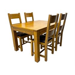Contemporary oak dining table, rectangular panelled top with integral extension leaf, raised on square supports; set of four oak ladder-back chairs with padded brown seats