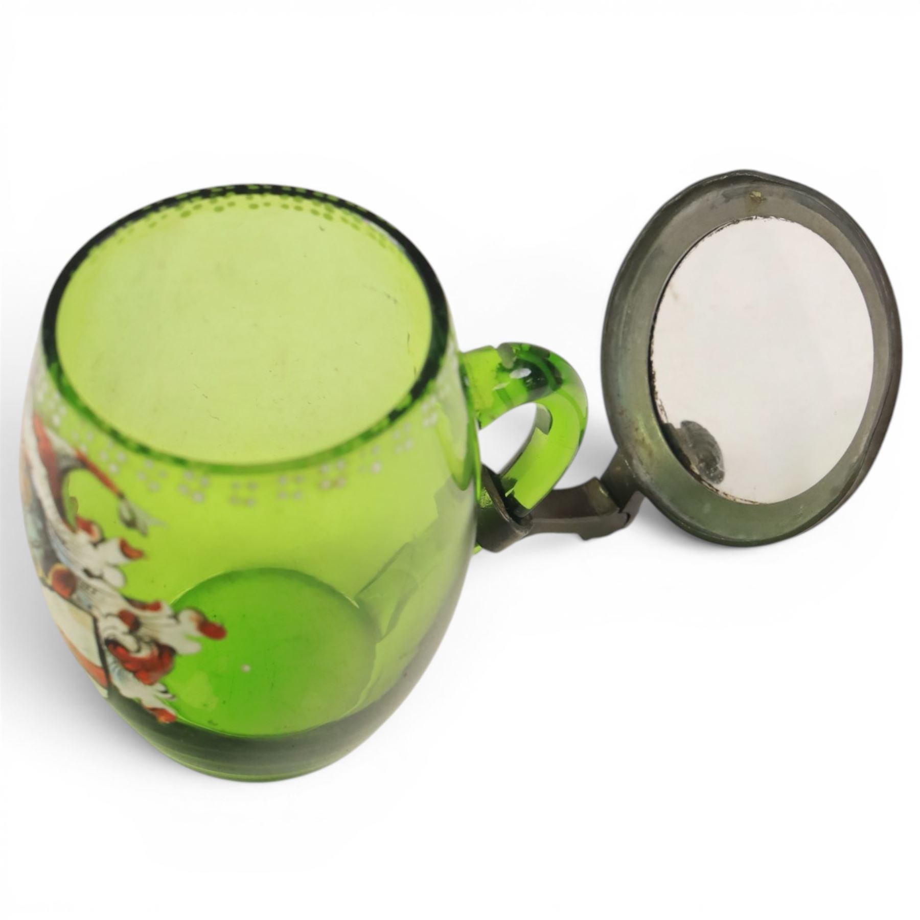 19th century German green glass stein, enamel decorated with a gentleman holding a stein, with a pewter lid, together with another smaller example decorated with a coat of arms 