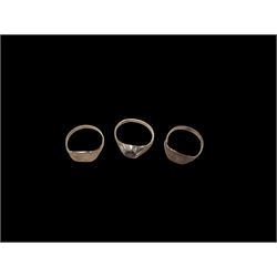 Three 9ct gold rings, comprising two signet rings and a stone set signet ring, all stamped or hallmarked 