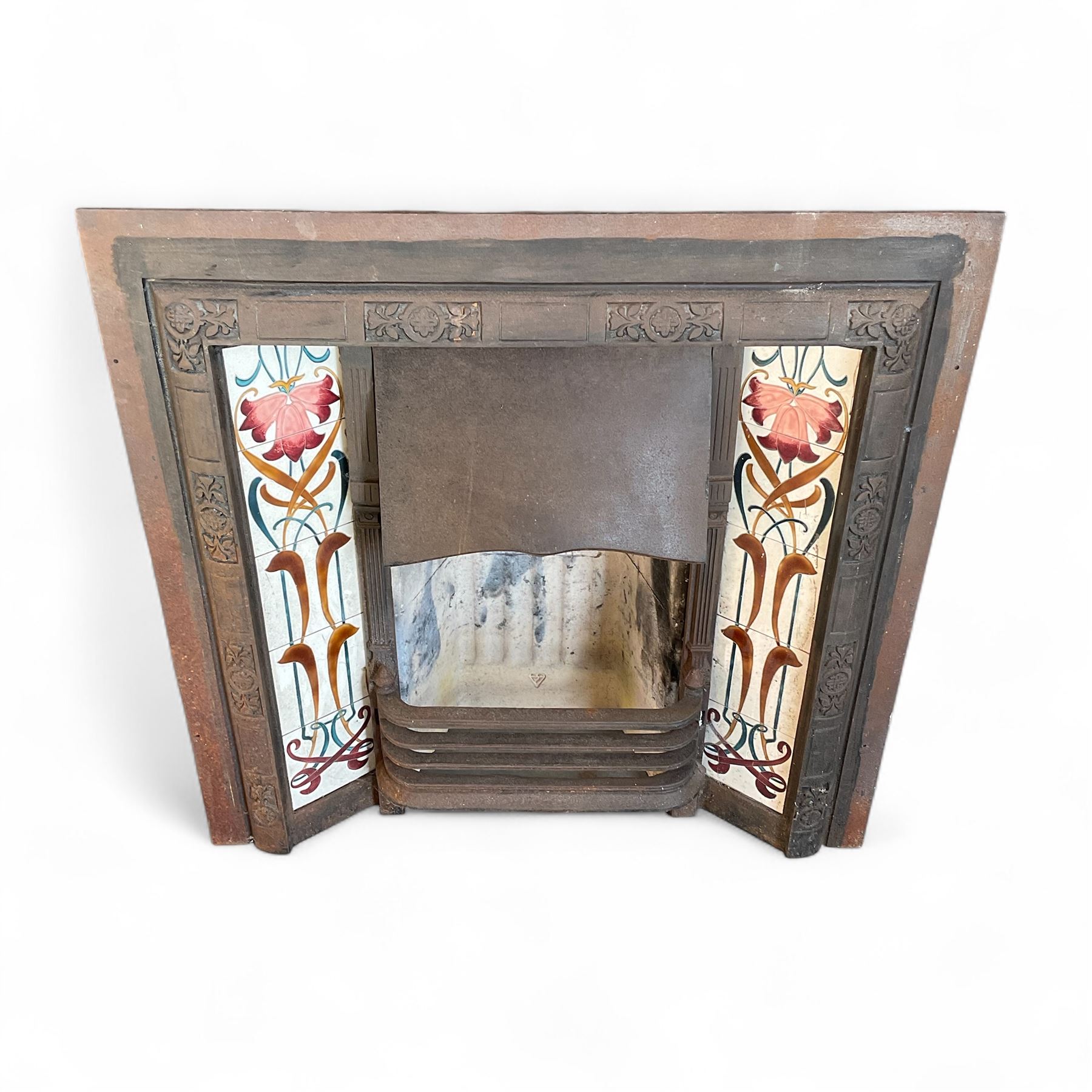 Art Nouveau Cast Iron Fire Surround and fire brick, with floral design tiles inlayed,