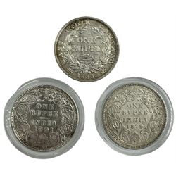 King William IIII East India Company 1835 one rupee and two Queen Victoria India one rupee coins dated 1879, 1901 (3)