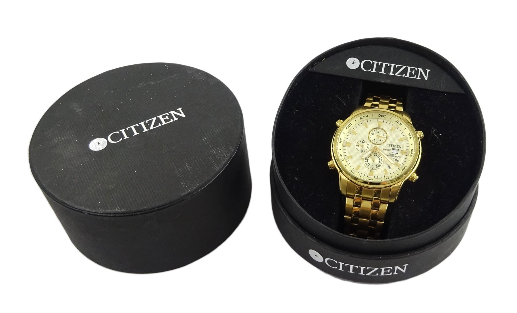 Citizen Alarm Chronograph gentleman's gold-plated bracelet wristwatch, boxed