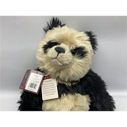 Four Charlie Bears, comprising Konig CB202051, TeaLeaf CB141479, and Pimky CB161656B, each designed by Isabelle Lee, and Hari Hi Way CB175131, all with tags