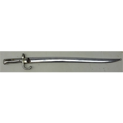  French Sword/Bayonet, 57cm recurved blade engraved on spine with date 1874, shaped part polished grip, in polished steel scabbard No.A82101, L71cm    