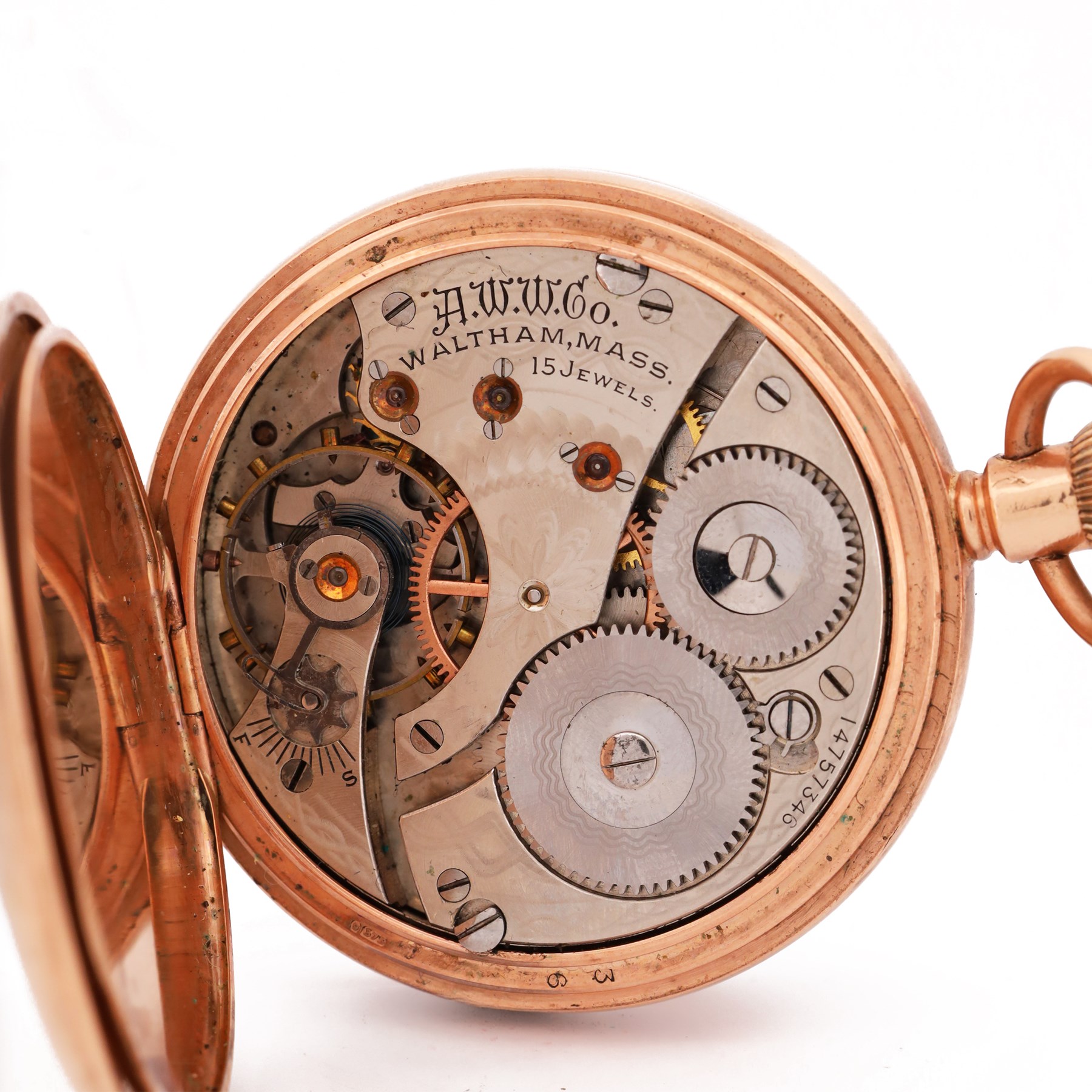 Early 20th century 9ct rose gold full hunter keyless lever pocket watch by American Watch Company, Waltham, No. 14757346, white enamel dial with Roman numeral hour markers and subsidiary seconds dial, case by William Ehrhardt, Birmingham 1916 