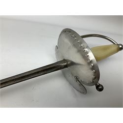 Three reproduction swords - Japanese katana and saya; Tai Chi sword with ornate scabbard; and dress sword with fullered triangular blade and horn handle (3)