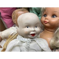 Quantity of vintage and later dolls to include unusual three faced example and further dolls marked C.J, Gloobee, Rosebud etc in three boxes