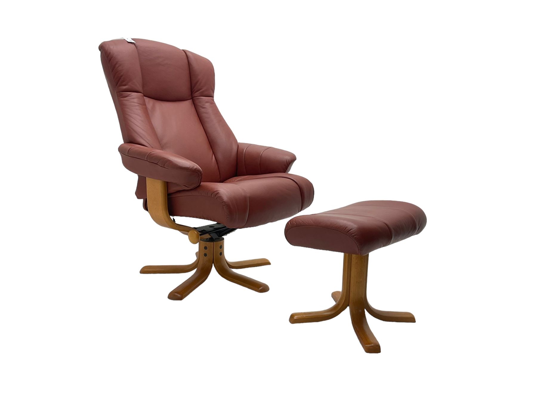 Mid-20th century design reclining armchair with swivel action, upholstered in red leather, raised on U-shaped supports with quadruform base, with matching footstool
