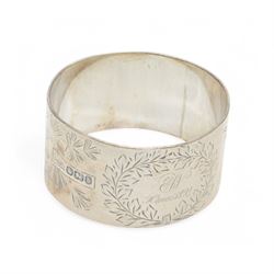 Set of six 1930s commemorative coronation teaspoons, each depicting a different monarch with their coronation date, hallmarked Josiah Williams & Co,  London 1936, in fitted case, together with a silver napkin ring with personal engraving, hallmarked Walker & Hall, Sheffield 1894, in fitted case