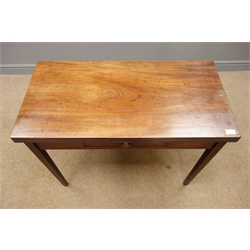  Early 20th century mahogany folding tea table, reeded edges, single drawer, square tapering supports, W92cm, H73cm, D90cm, (maximum measurements)  