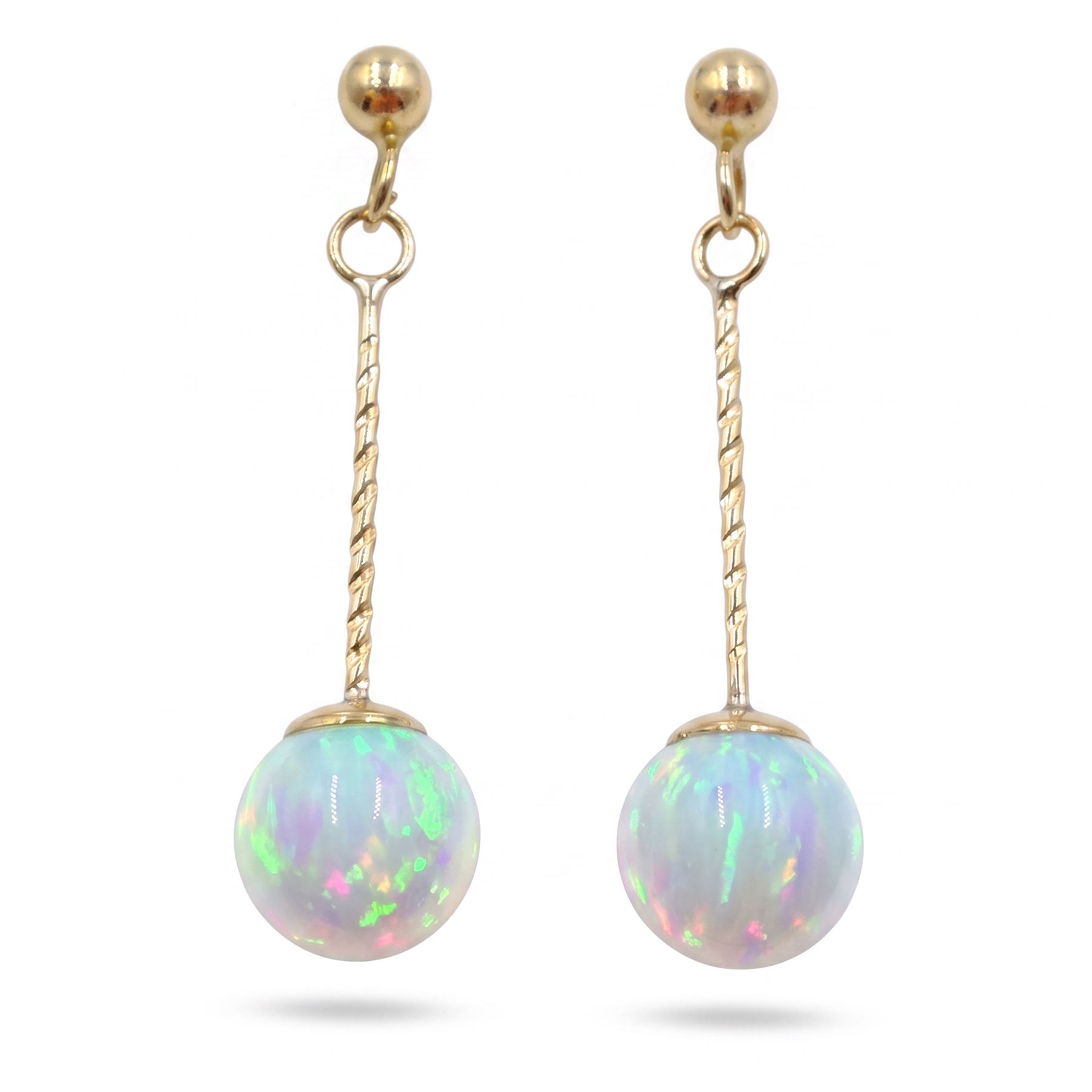 Pair of 9ct gold opal pendant stud earrings, stamped