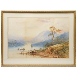 John Ernest Aitken (Scottish 1881-1957): 'An Old Scotch Fishing Town', watercolour signed, titled on label verso 24cm x 17cm; Edwin Earp (British 1851-1945): Fisherman in a Vast Loch, watercolour signed 40.5cm x 61.5cm (2)