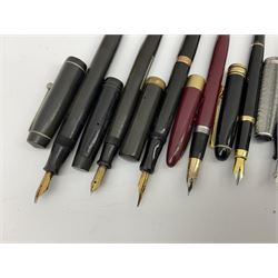 Six fountain pens with gold nibs to include Sheaffer, Macniven & Cameron Ltd and Conway examples, together with four other fountain pens including a boxed Parker pen and a boxed Sheaffer pen in black case with chevron pattern detail