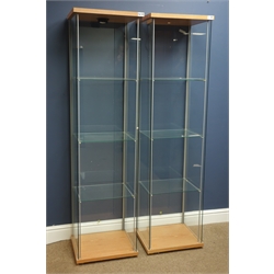  Two light wood and glazed open free standing shops display cabinet, W43cm, H164cm, D37cm - no keys  