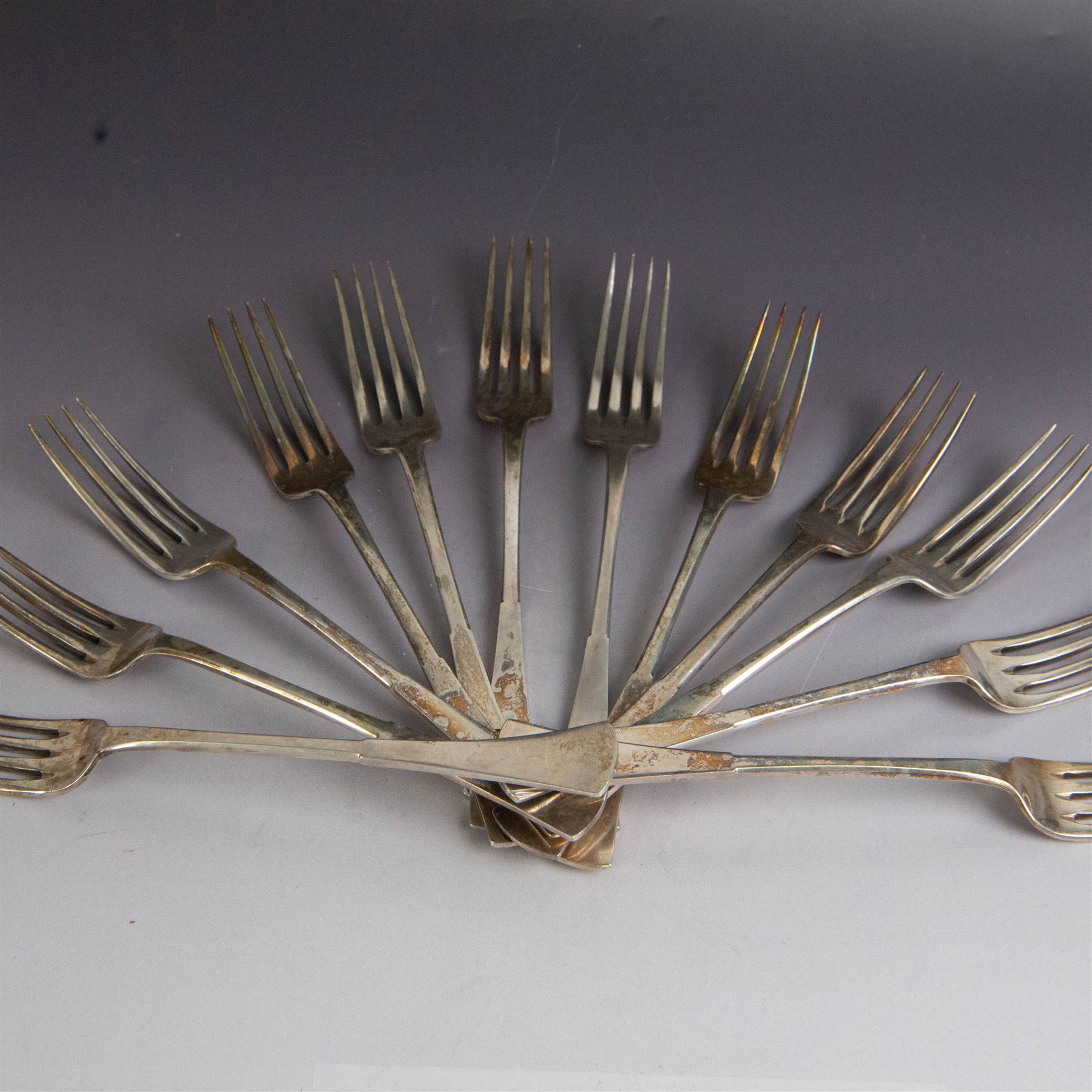 1920s canteen of Czechoslovakian 800 standard silver cutlery for twelve place settings, comprising table forks, silver handled table knives, table spoons, dessert forks, silver handled dessert knives, teaspoons, coffee spoons, cake slice, bread fork, sifting spoon and serving spoon, all stamped with Diana/Greyhound marks with no. 3 to side for 800 standard and with maker's mark TL