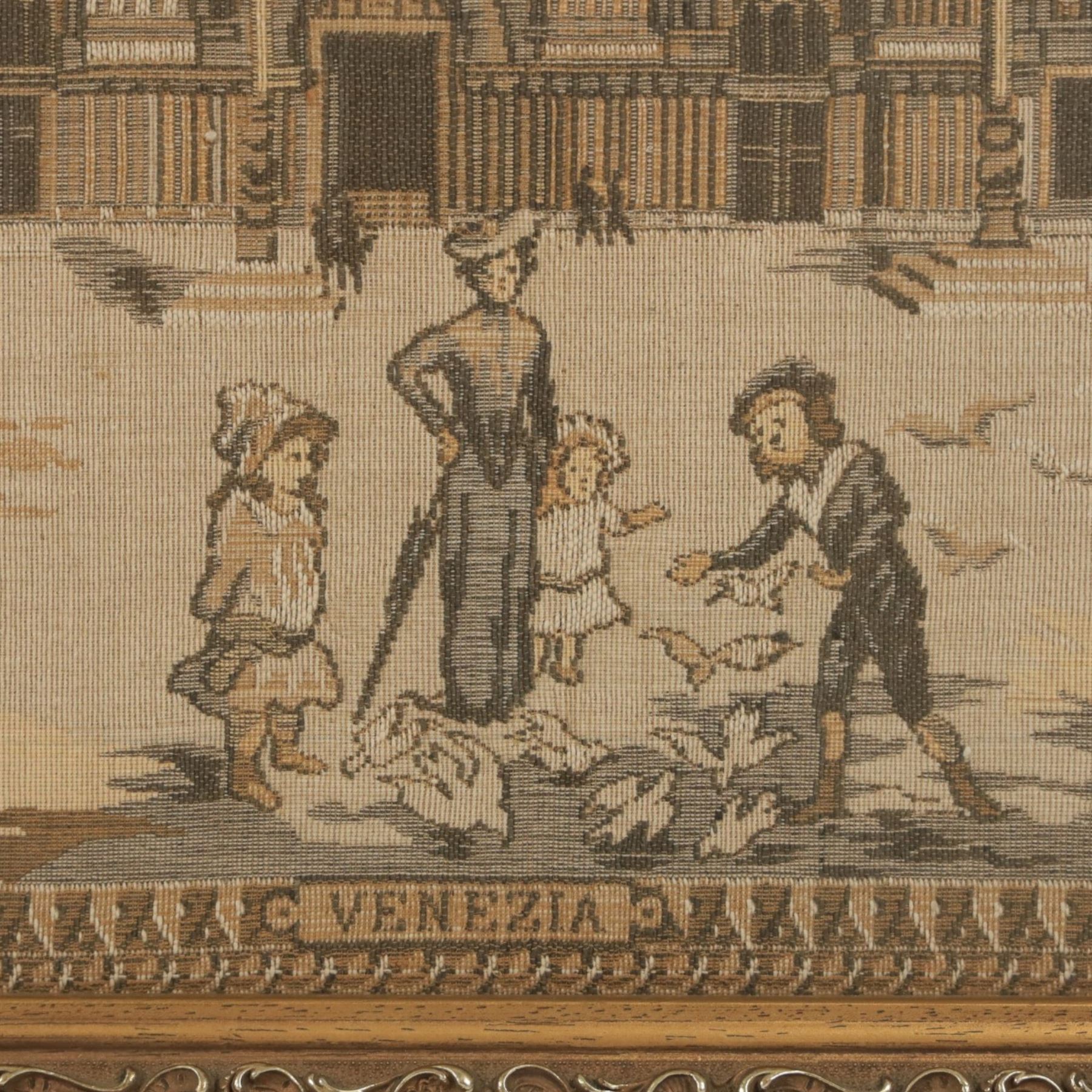 Pair of  machine woven tapestries, of Venezia and Napoli, framed H55cm, L149cm   