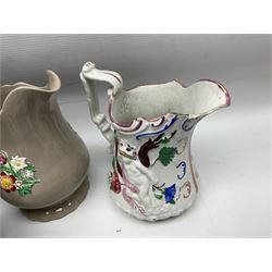 Collection of early 19th century and later ceramics, to include two spongeware bowls, black transfer pedestal footed loving cup,  Sunderland lustre jug with relief moulded decoration, copper lustre jugs etc