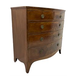 19th century mahogany bow front chest, fitted with two short and three long drawers, shaped apron and splayed bracket supports