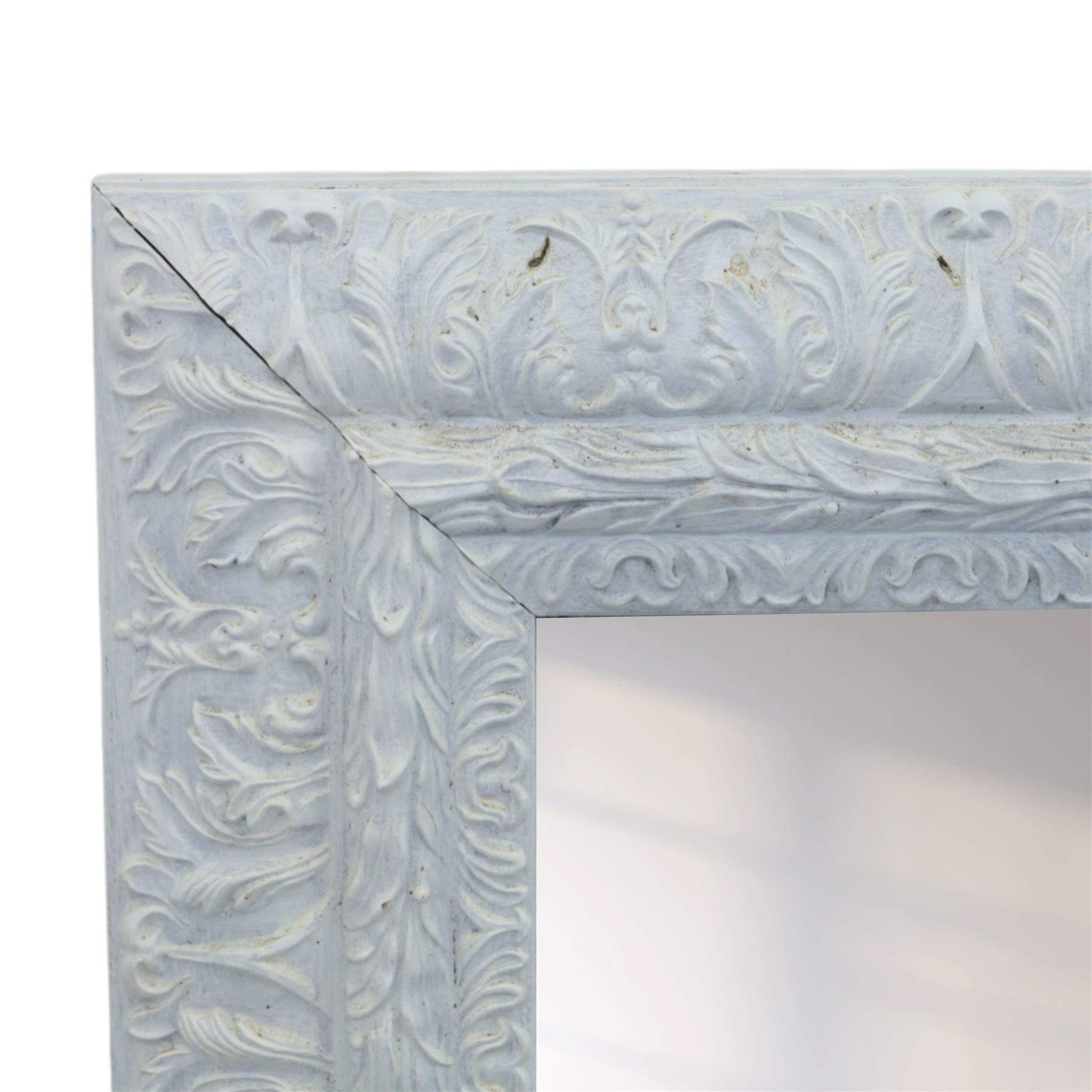 Large rectangular wall mirror with painted frame, foliate designed frame with a rustic white painted finish