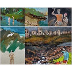 Paul W Ozere (Cornish 20th century):  Adam and Eve, Bathers, View Towards the City, Breaking the Bank, Beneath the Wave and Watcher, six oils on canvas signed max 39cm x 39cm (6)