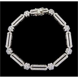 Silver Art Deco style cubic zirconia openwork flower link bracelet, stamped 925 
