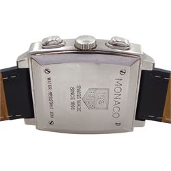 Tag Heuer Monaco gentleman's automatic chronograph wristwatch, circa 2005, Ref. CW2111-0, black dial with date aperture at 6 o'clock, subsidiary dials at 3, 6 and 9 for seconds, 30 minute and 12 hour recording, on black leather strap with original fold-over clasp