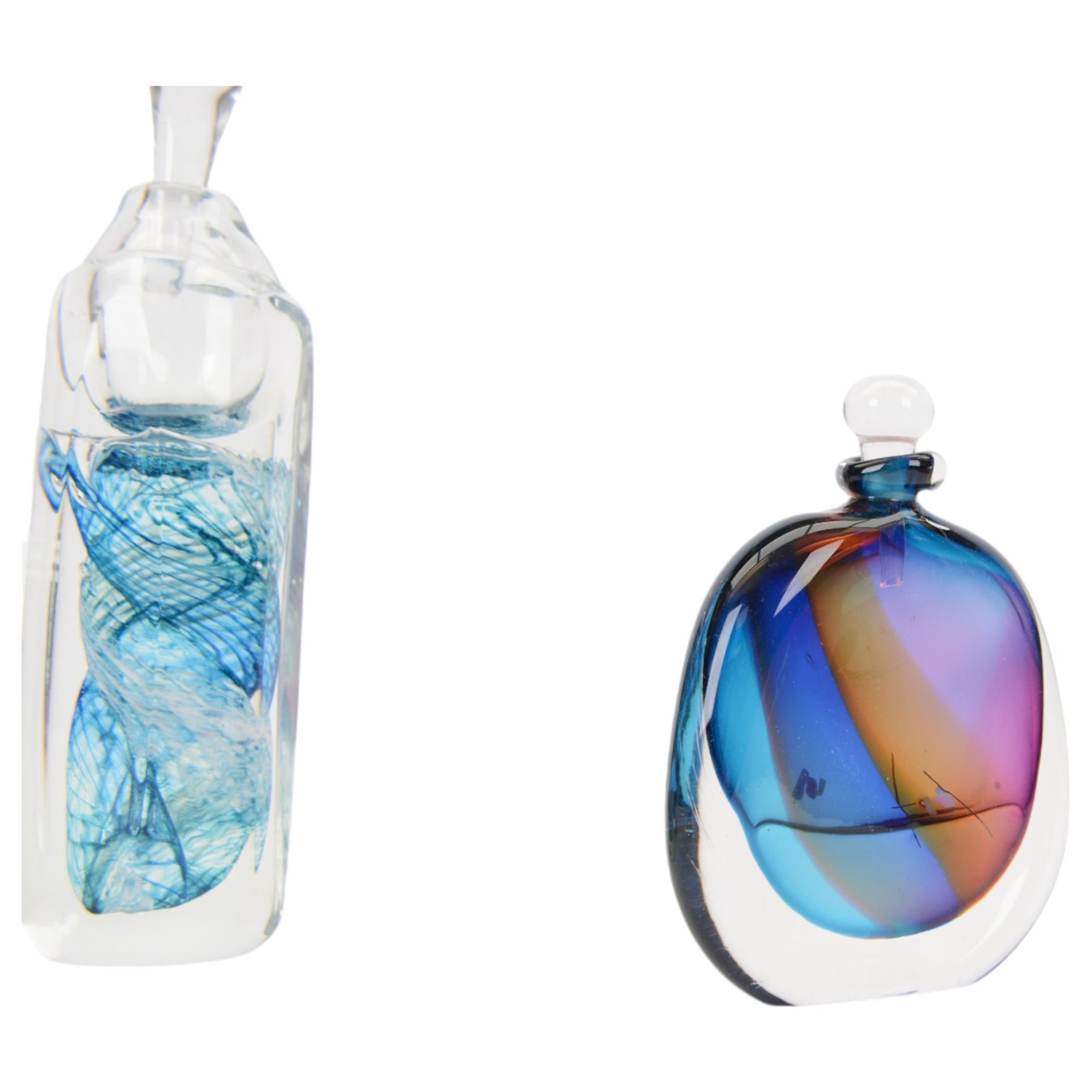 Collection of British contemporary studio glass, including Chris Comins scent bottle, of compressed ovoid form, Karlin Rushbrooke scent bottle, Lanmara iridescent vase