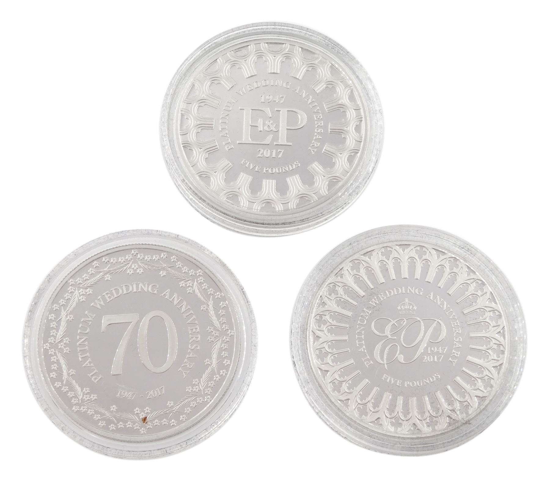 Queen Elizabeth II 2017 '20th November 1947 Platinum Wedding Anniversary' platinum three coin set, comprising Isle of Man, Bailiwick of Jersey and Bailiwick of Guernsey five pound coins, each weighing 39.94 grams minted in 995/1000 platinum, cased with certificate 