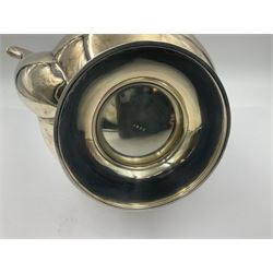 1920s five-piece silver tea service, comprising teapot, coffee pot, hot water pot, twin handled open sucrier and milk jug, each of squat circular form with shaped rim, the teapot, coffee pot and hot water pot each with ebonised handle and finial, the sucrier and milk jug with acanthus capped scroll handles, all upon circular foot, hallmarked R F Mosley & Co, Sheffield 1926 & 1927, tallest H24cm