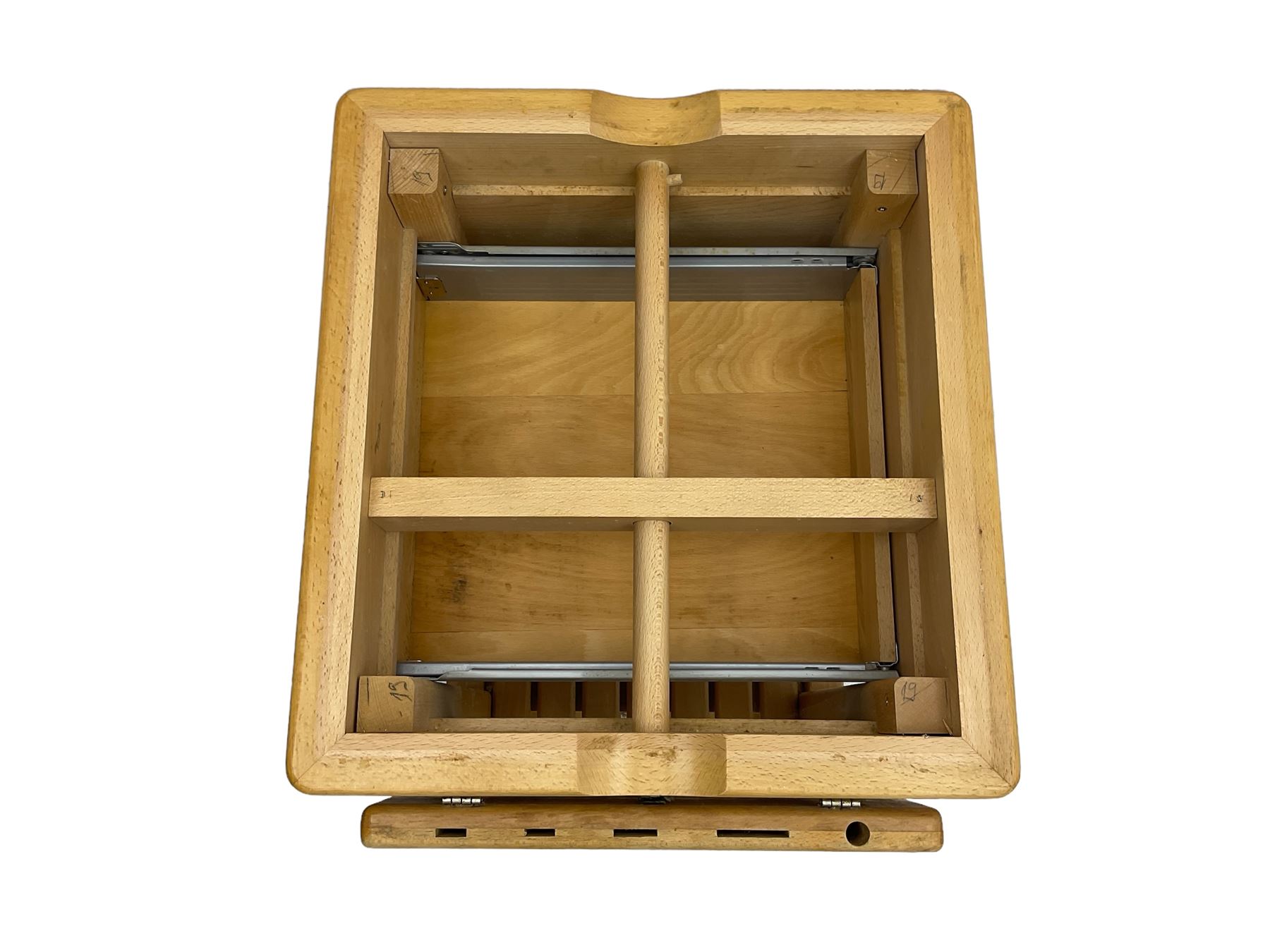 Beech butcher block kitchen cart, featuring square butcher block top, side drop-leaf extension, single drawer with metal sides, and two slatted shelves below, the cart supported by four castors