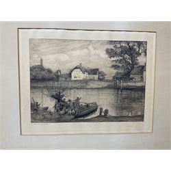 Robert Walker Macbeth (Scottish 1848-1910): 'The Ferry - Five Miles from Anywhere Pub' Upware Ely, etching signed in pencil; Fred Slocombe (British 1847-1920): Woodland path, etching signed in pencil, max 28cm x 40cm (2)