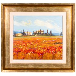 Bruno Tinucci (Italian 1947-): 'Il Sole di Mezzogiorno VI' - Poppy Fields, oil on canvas signed, titled on Platinum Galleries certificate 44cm x 49cm 