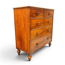 Mid-Victorian figured mahogany chest of drawers, circa 1860, rectangular moulded top over two short and three long drawers with figured veneers, on turned supports