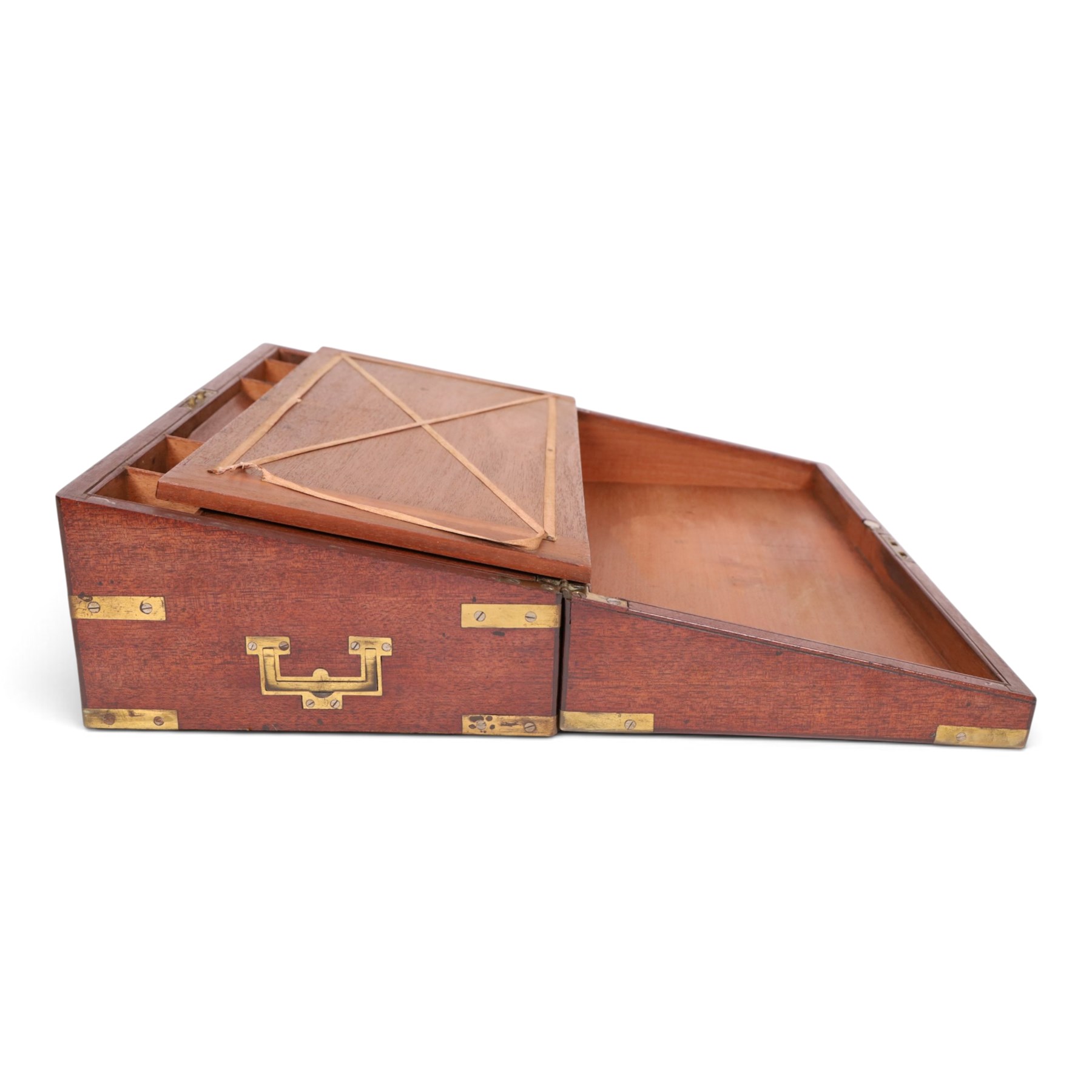 Mid 19th century brass bound mahogany writing box, with flush handles and side draw, the hinged lid opening to reveal a green felt writing slope, H16cm, L46cm 