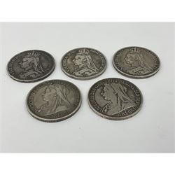 Five Queen Victoria crown coins, dated 1888, two 1889, 1893 and 1897