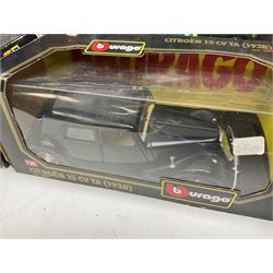 Nine 1:18/1:24 scale die-cast models - two Foxtons Mini Coopers; Road Legends Shelby Cobra; Maisto Mustang Mach III; and five by Bburago including Porsche 356B Cabriolet 1961, Chevrolet Corvette Convertible 1998 etc; all boxed (9)