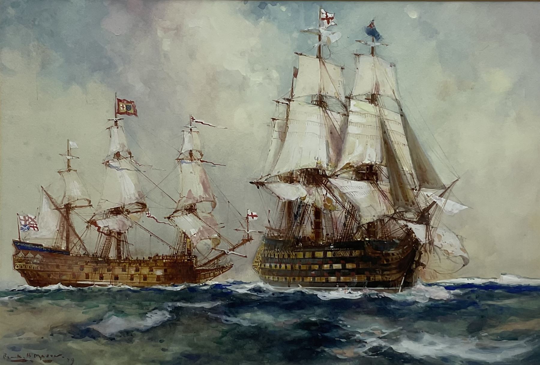 Frank Henry Mason (Staithes Group 1875-1965): British Men o' War in Full Sail, watercolour heightened in white signed and dated '09, 33cm x 39cm