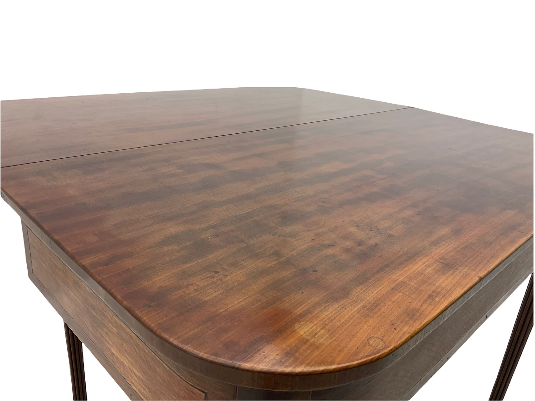 Early 19th century tea table, rectangular fold-over top with rounded corners, the frieze and sides inlaid with satinwood panels, double gate-leg action base, on reeded supports 