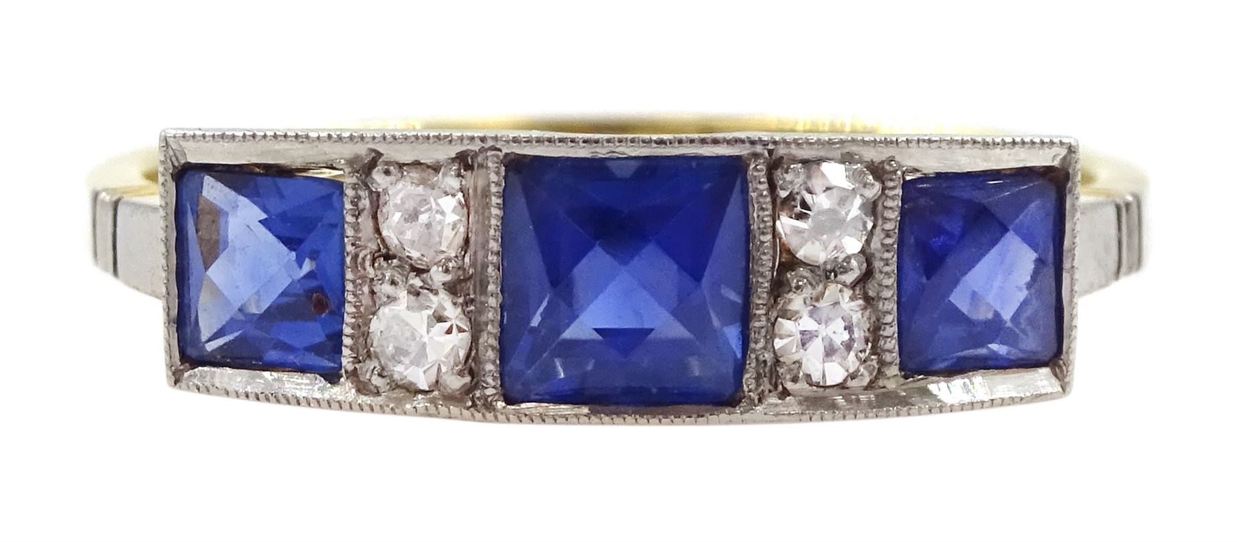 Art Deco 18ct gold milgrain set three stone French cut sapphire and four stone old cut diamond ring by R. Bros, stamped, total sapphire weight approx 1.00 carat