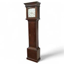 John Hancock of Yeovil (Sommerset) - oak cased 8-day longcase clock c1810, with a flat topped pediment, blind frieze and broad cornice, square hood door with attached wooden pilasters and capitals, long trunk door on a square plinth with applied skirting, painted dial with steel hands, gilt painted spandrels, Roman numerals, minute track and five-minute Arabic's, with seconds dial and date aperture, dial pinned via a falseplate to a rack striking movement, striking the hours on a bell. With weights and pendulum.