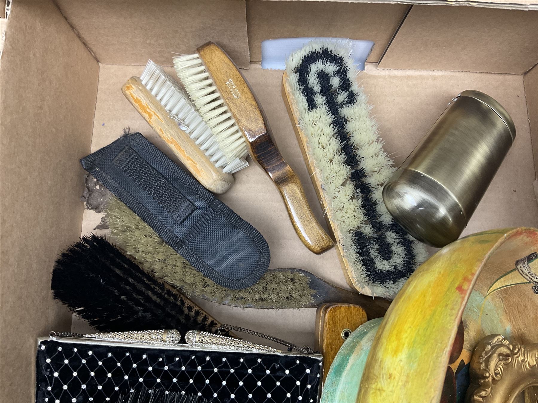 Onyx box with claw feet, together with gilt framed mirror, cut glass vase and other collectables, in three boxes 
