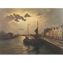 Continental School (20th Century): Harbour Scene, oil on canvas board indistinctly signed 58cm x 78cm; E Atkins (19th Century): Pastoral Scene, oil on canvas indistinctly signed and dated 1879, in gilt frame, 30cm x 60cm (2)