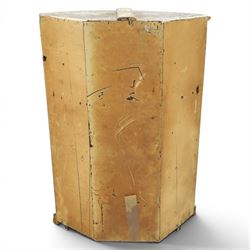 George III oak cylindrical corner cupboard, bow fronted doors revealing a painted shelved interior, brass escutcheons  and hinges, raised on a moulded plinth base