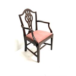 Georgian armchair, shaped back, shaped and pierced splat, scrolling arms, upholstered seat, square reeded supports and stretcher