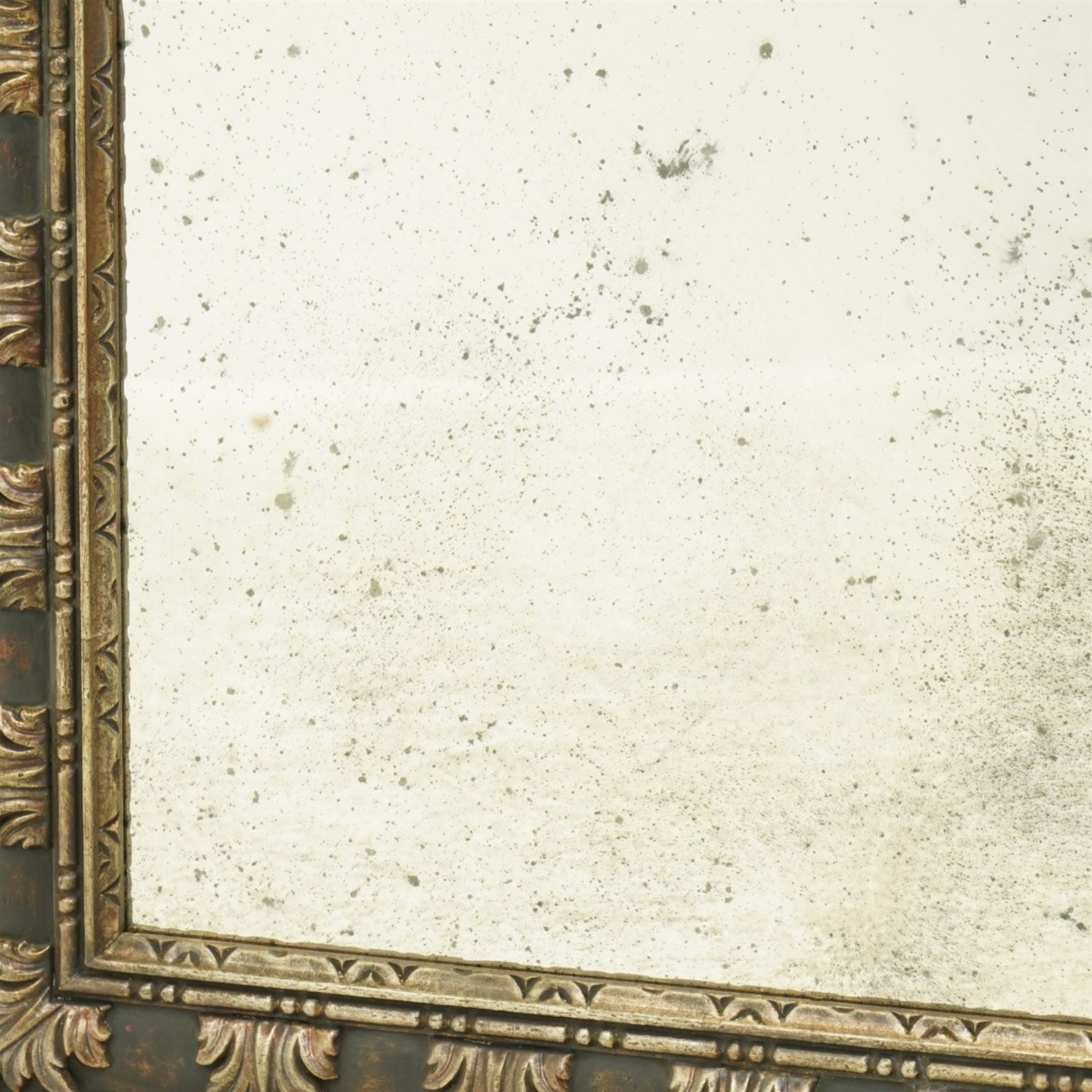 Modern neoclassical style wall mirror, rectangular plate with faux foxed and distressed finish, within a moulded frame decorated with repeating acanthus leaf blocks and beaded inner slip