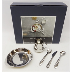  Georg Jensen Apetito, stainless steel five piece Children's set comprising cup, pate & cutlery set, boxed as new   