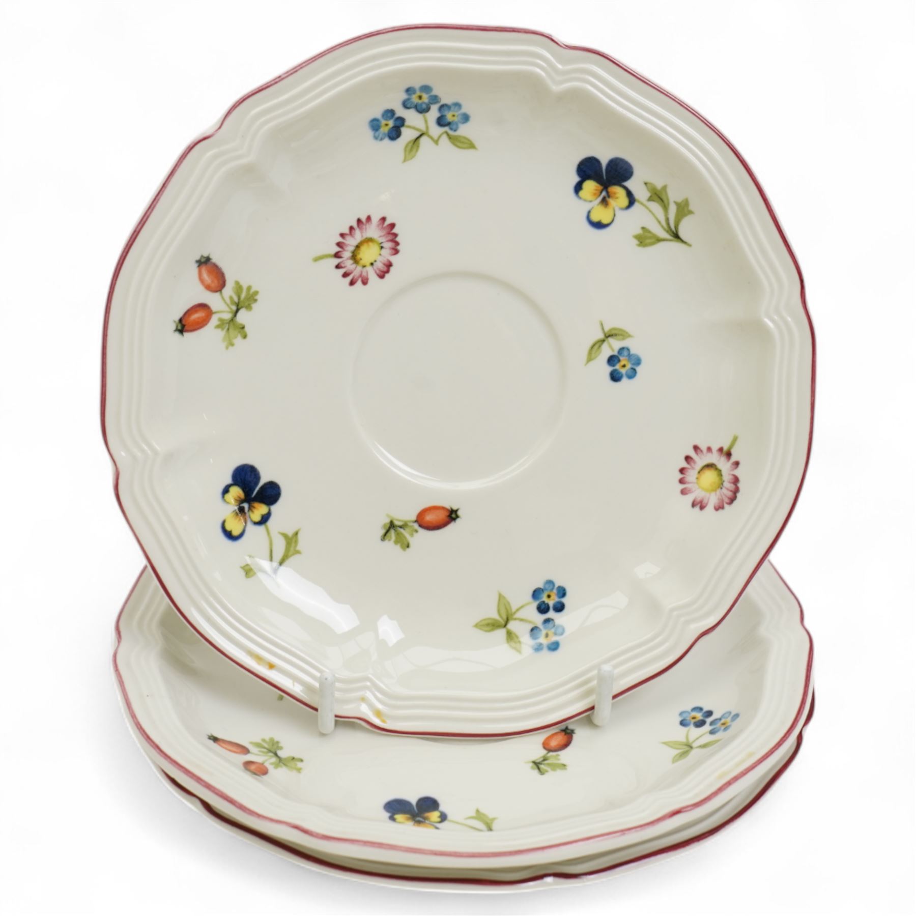 Villeroy & Boch Petite Fleur pattern part tea service comprising seven cups, ten saucers, ten plates, sugar bowl and cover, milk jug, saucer dish and rectangular plate
